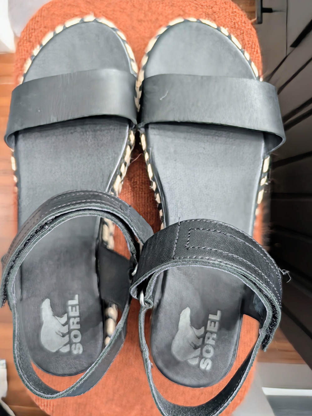 Women's Sorel Black Leather Platform Sandals with Braided Edge